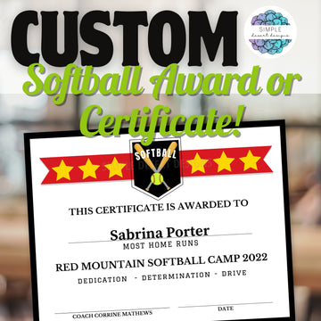 customizable colors and text on editable softball award certificates